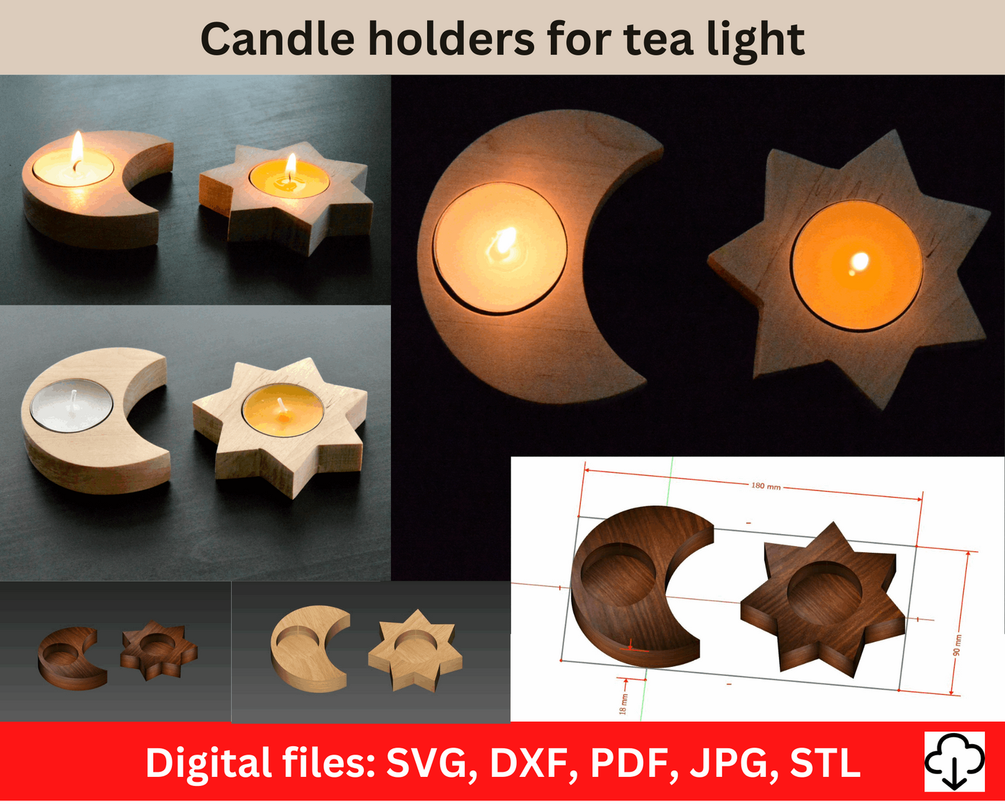 Wood tea light candle holders. Sun & Moon. Digital files for CNC and 3D printing