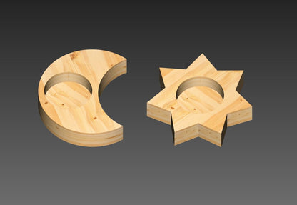 Wood tea light candle holders. Sun &amp; Moon. Digital files for CNC and 3D printing