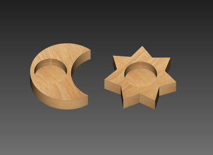 Wood tea light candle holders. Sun &amp; Moon. Digital files for CNC and 3D printing